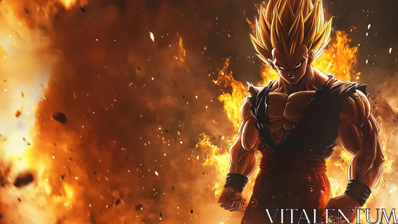 Digital painting of flaming anime warrior in explosive focus.