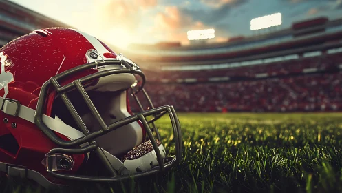 High-gloss football helmet rendered on sunlit stadium turf