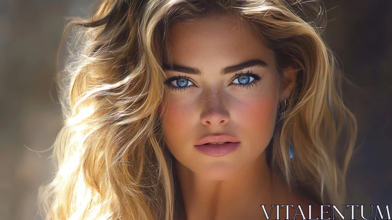 Close frontal portrait of blue-eyed woman with blonde hair