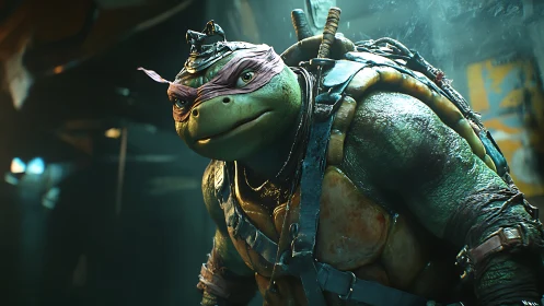 Streetwise turtle warrior pauses beneath neon tunnel light