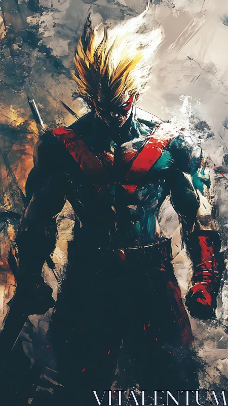 Fierce masked hero emerging from swirling painted chaos.