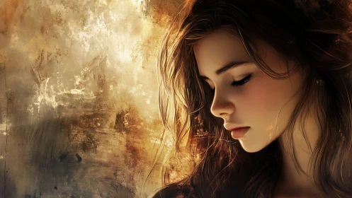 Pensive young woman in warm golden textured light portrait.