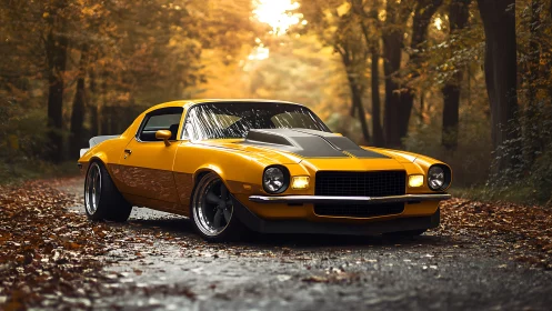 Golden muscle car under glowing autumn forest canopy.
