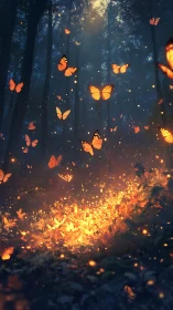 Firelit butterflies rise like sparks through the twilight forest