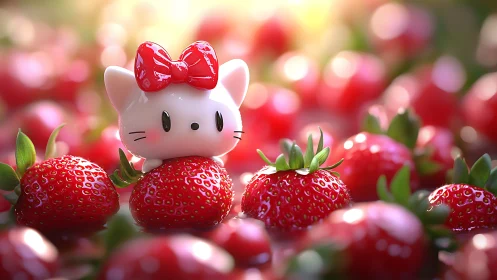 Cute white cat figurine rests among glossy ripe strawberries.