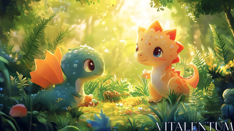 Cute baby dragon friends meet in a glowing forest clearing.