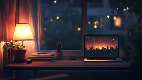 Laptop skyline dreaming under lamplight and urban starlight.