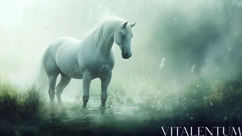 White horse standing in shallow misty forest water scene.