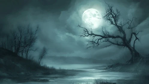 Moonstruck marsh lets a crooked tree argue with the night