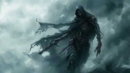 Skeletal reaper strides through stormy mist in monochrome palette