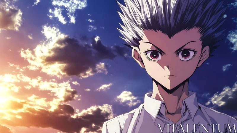 Silver-haired anime boy faces stormlit sunset sky.