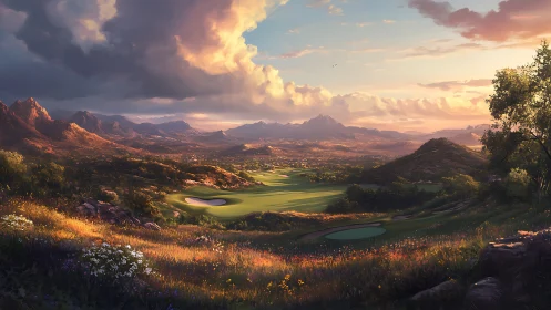 Mountain valley golf course under late afternoon sunlight.