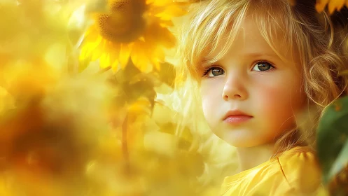 Young Child in Sunflower Field: Soft Focus Portraiture Study.