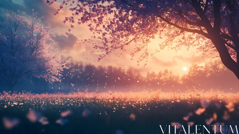 Backlit cherry blossom meadow at golden hour sunrise glow