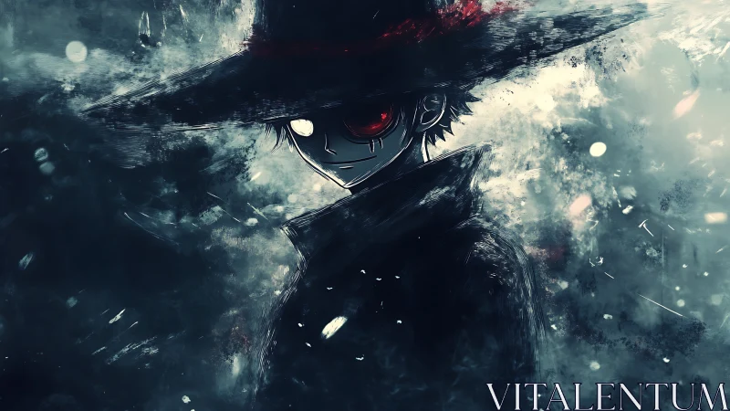 Mysterious red eyed wanderer steps from the swirling mist