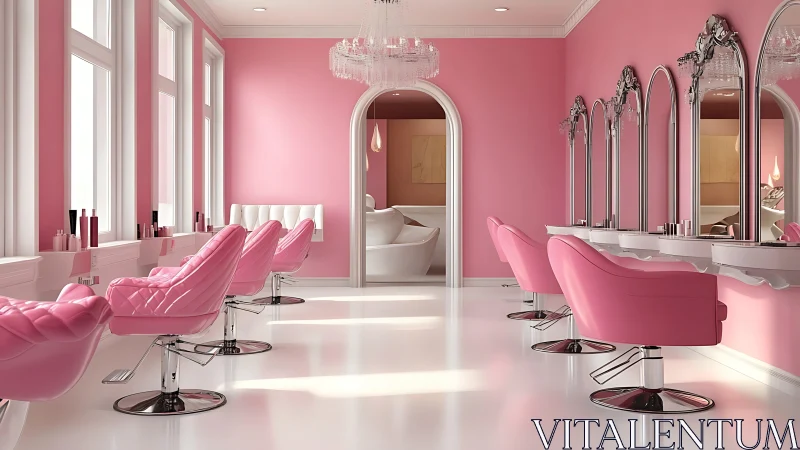 Symmetric pink salon interior with glossy seating and mirrored workstations