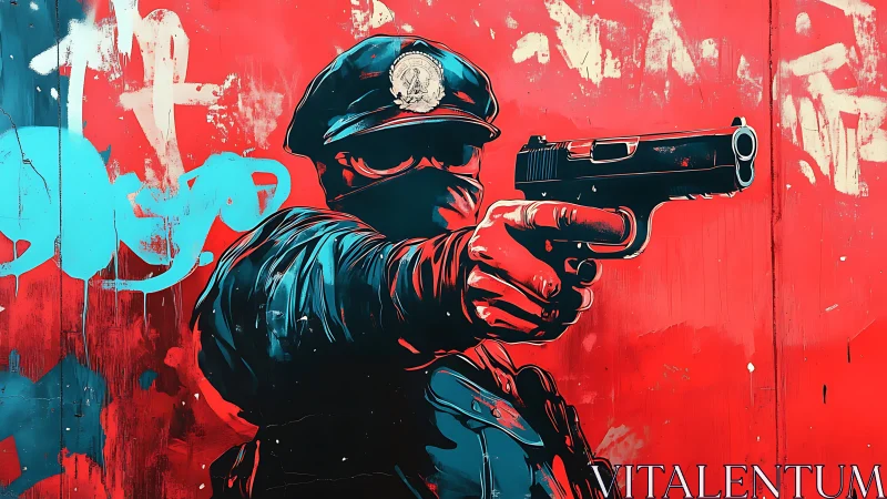 Vector-stylized armed officer on neon red graffiti backdrop.