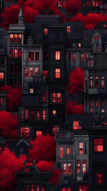 Nocturnal city facades glow against saturated crimson foliage