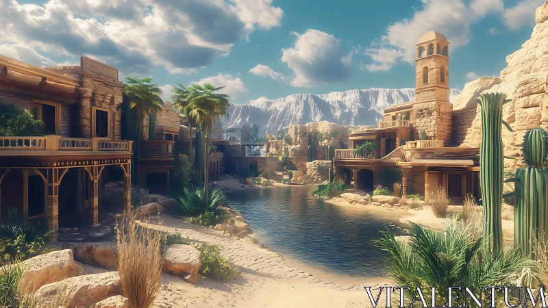 Desert canyon village with river and mountains under sun.