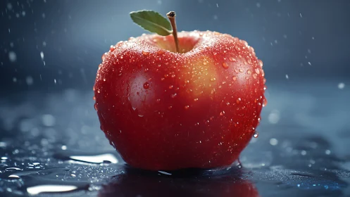 Fresh red apple glowing with cool sparkling droplets.