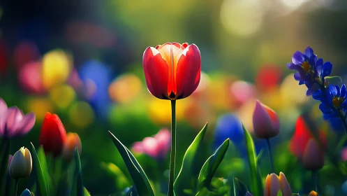 Vibrant Red Tulip in Soft Focus Garden Setting.