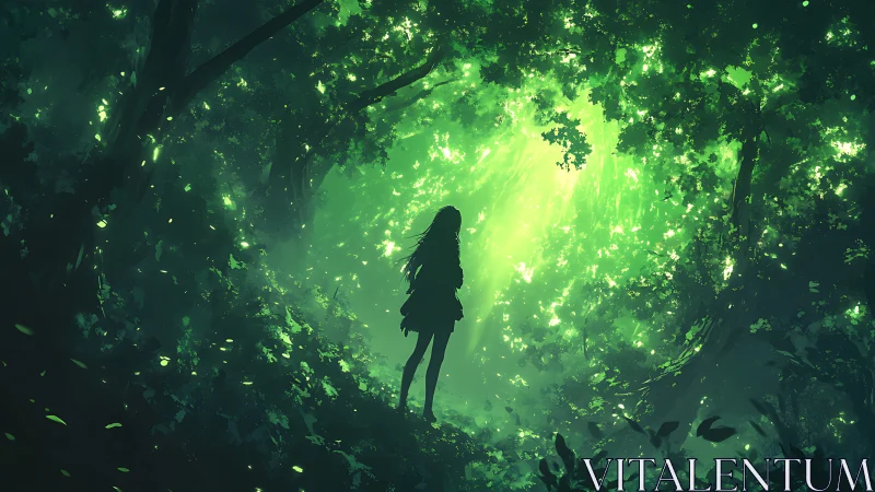 Silhouetted Figure in Luminous Forest Canopy