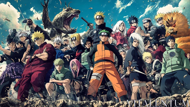 Naruto anime characters assembled in dynamic battle scene.