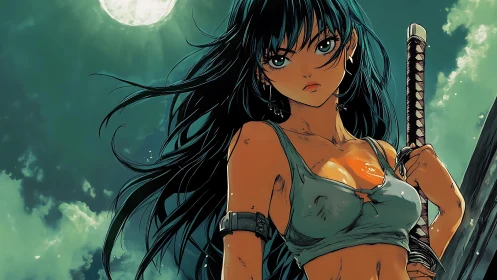 Moonlit warrior girl with katana and teal atmospheric lighting.