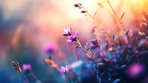 Twilight Blooms: Purple Wildflowers Dancing in Golden Hour Light.
