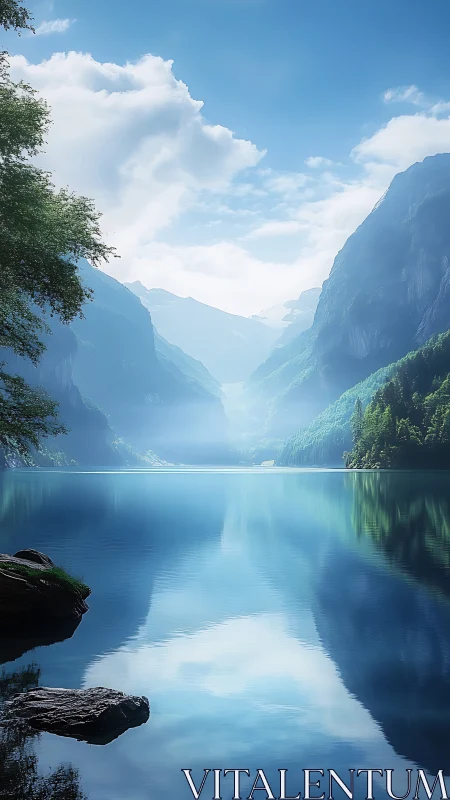 Serene glacial lake with misty blue mountains and reflections.