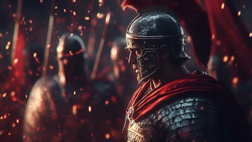 Roman soldier in armor stands amid sparks and comrades
