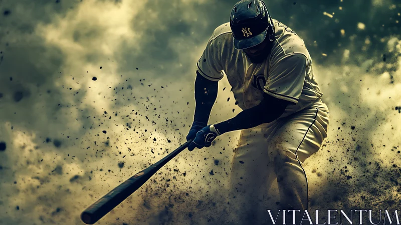 Baseball hitter drives through exploding infield dust cloud mid-swing