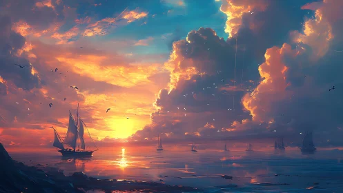 Sailboats move across calm water under dense sunset clouds