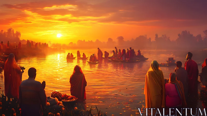 Sunrise river prayers draped in ember-bright devotion.