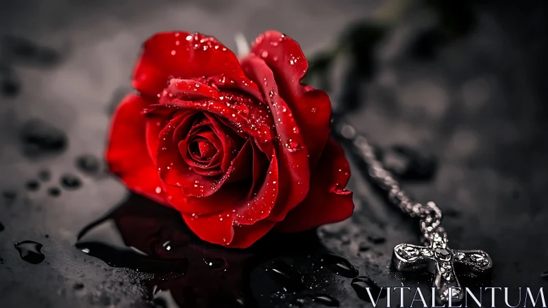 Red rose with water droplets beside metallic cross chain.