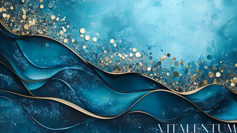 Layered teal wave bands with metallic gold particulate accents