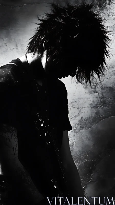 Brooding guitarist silhouette leans into raw monochrome light