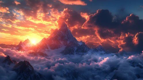 Fiery sunset sky over sharp snow covered mountain range.
