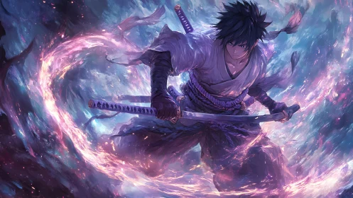 Anime swordsman amid swirling violet energy ring.