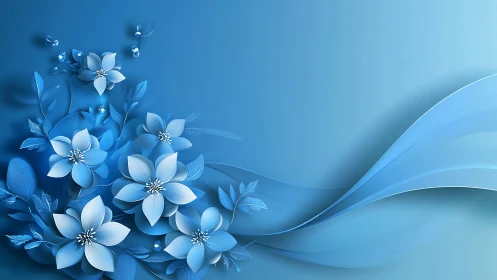 Blue Flowers with Flowing Wave Design on Gradient Background