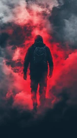 Wanderer in crimson fog stepping into the unknown night.