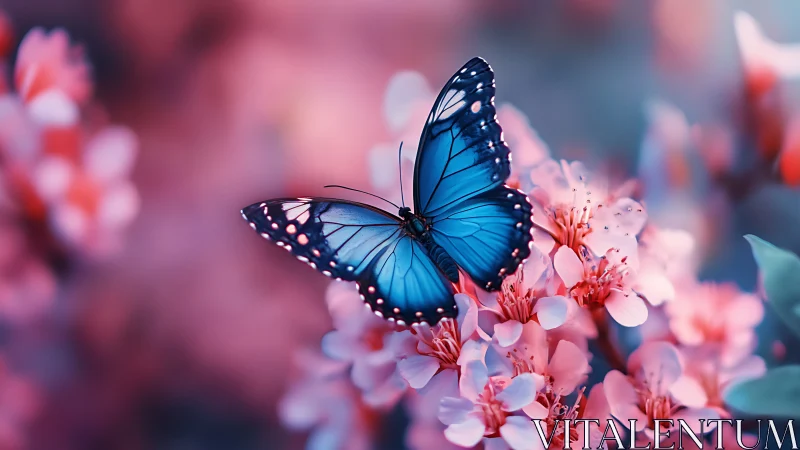 Iridescent blue butterfly resting on dreamy pink blossom field.
