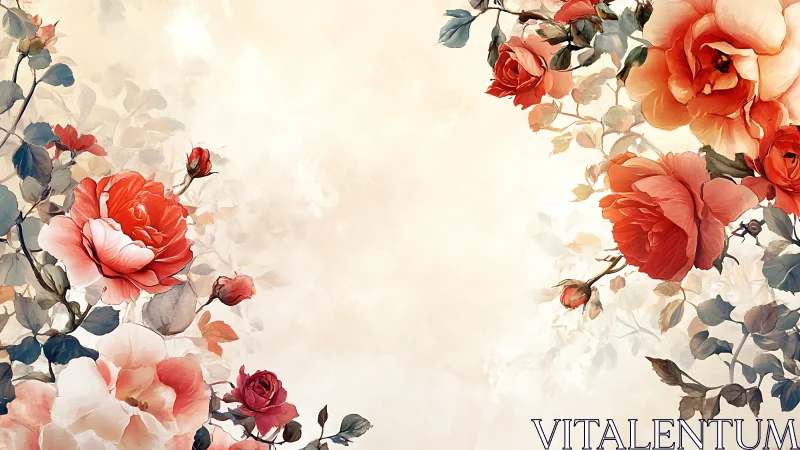 Red and Pink Watercolor Roses on Cream Background