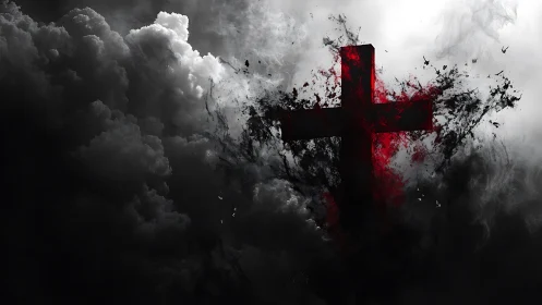 Red cross silhouette dissolves into dark smoke clouds
