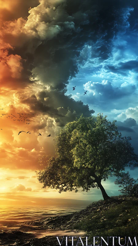 Surreal coastal tree under split day-night sky panorama.