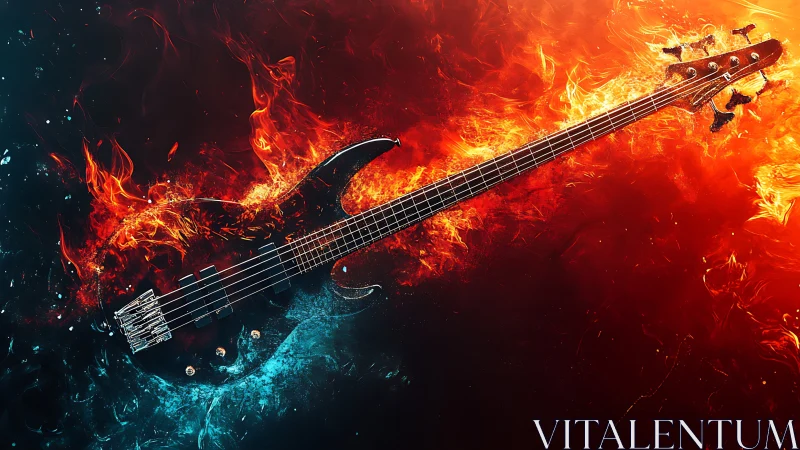 Electric bass intersects blue water and orange fire fields diagonally