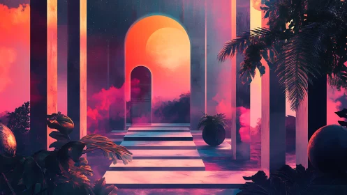 Neon portal courtyard under surreal twin moons glow.