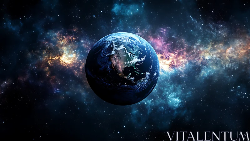 Earth rendered in deep space with high-contrast nebular starfield lighting