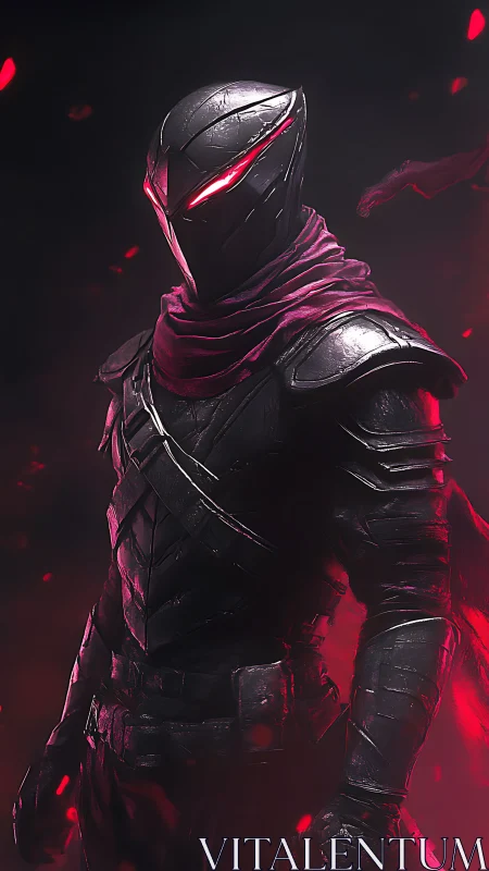 Armored cyber ninja stands in crimson ember storm