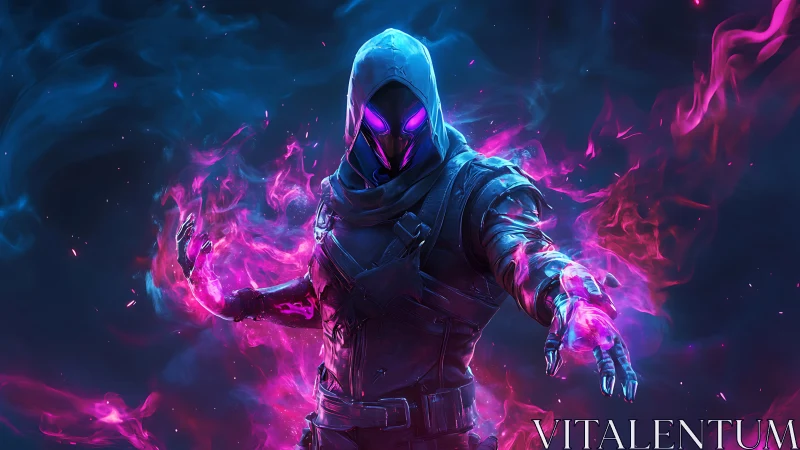 Hooded mage commands neon violet flames in void storm